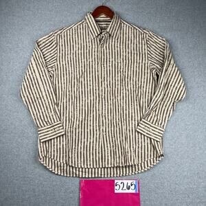 Tommy Bahama Shirt Large Brown Ivory Striped Silk Blend Button Up Long Sleeve